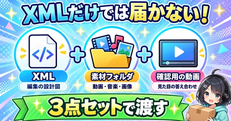 XML・素材フォルダ・確認用の動画の3点セットで渡すことを示す図