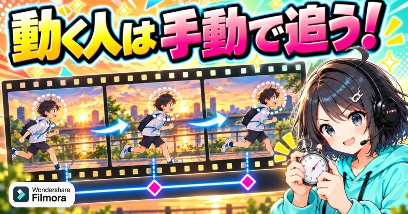 Filmora16のカラーマスクを動く被写体にキーフレームで手動で合わせるイメージ