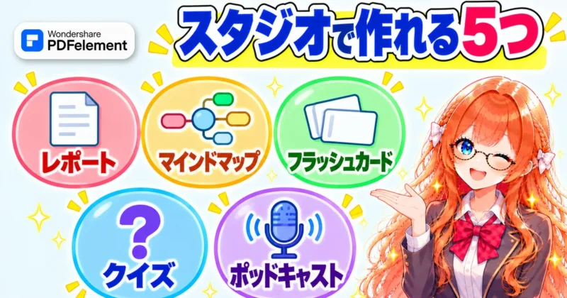 PDFelementのスペースのスタジオで作れるレポート・マインドマップ・フラッシュカード・クイズ・ポッドキャストの5つ
