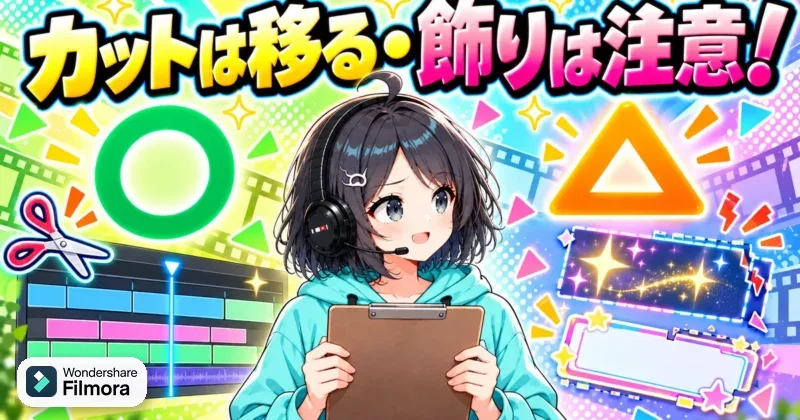 XMLでカットは移るがエフェクトや字幕の飾りは崩れやすいことを示すイメージ