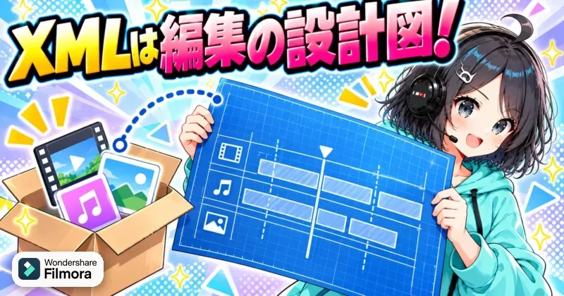 XMLは編集の設計図で素材ファイルは別に渡すことを示すイメージ